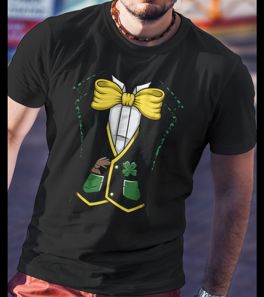 Leprechaun Costume Green Suit With Yellow Bow Tie And Shamrock Details T-Shirt