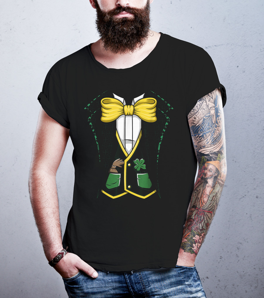 Leprechaun Costume Green Suit With Yellow Bow Tie And Shamrock Details T-Shirt