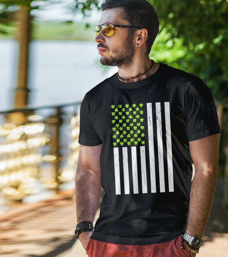 St Patricksday Shamrock American Flag T-Shirt