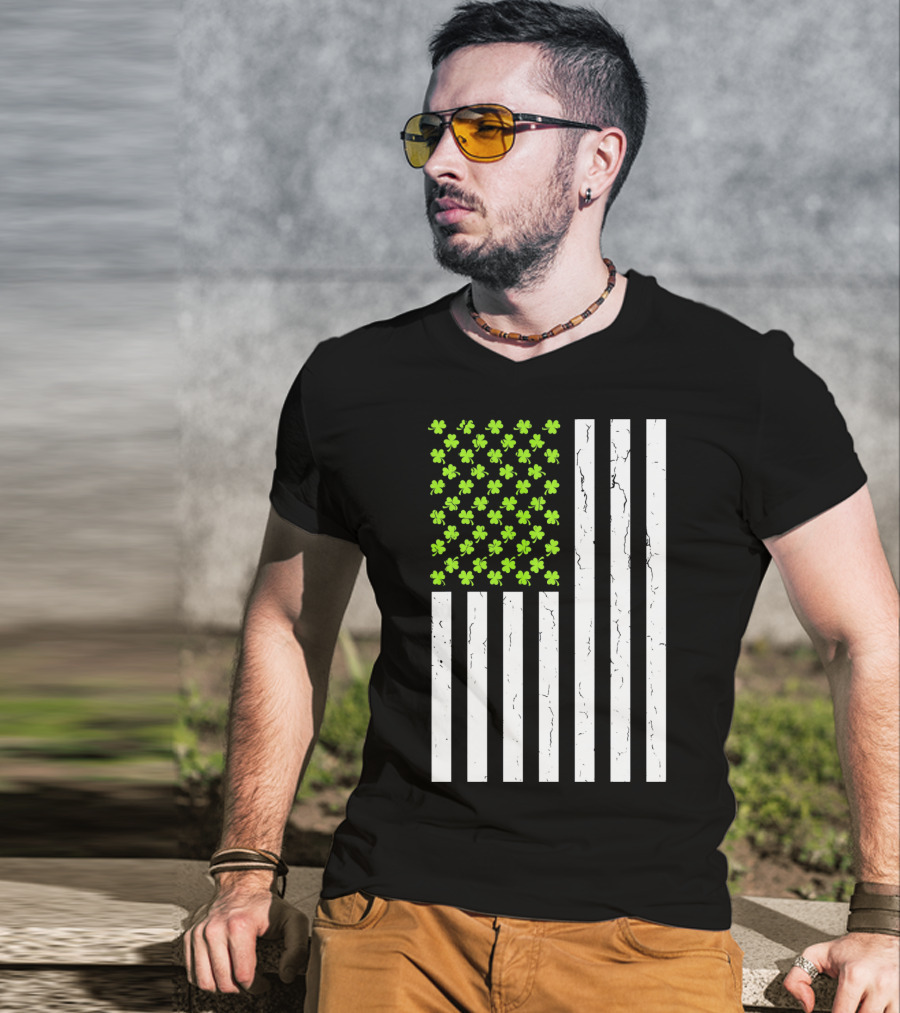St Patricksday Shamrock American Flag T-Shirt