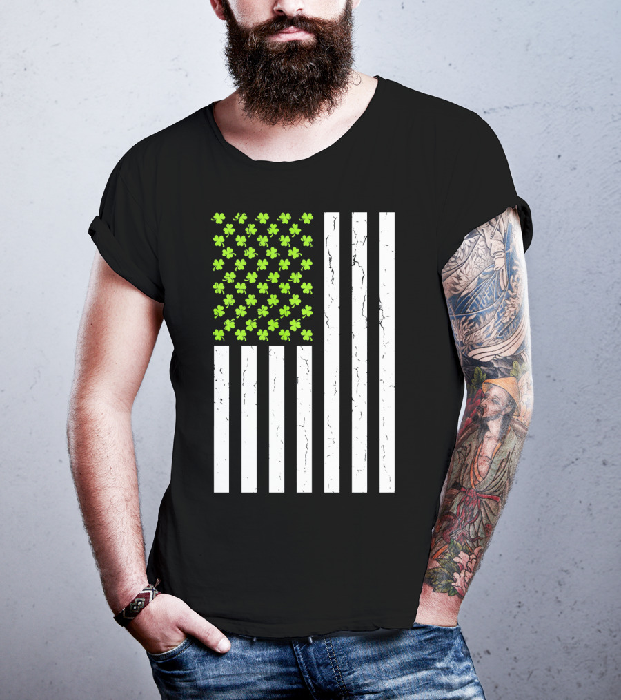 St Patricksday Shamrock American Flag T-Shirt