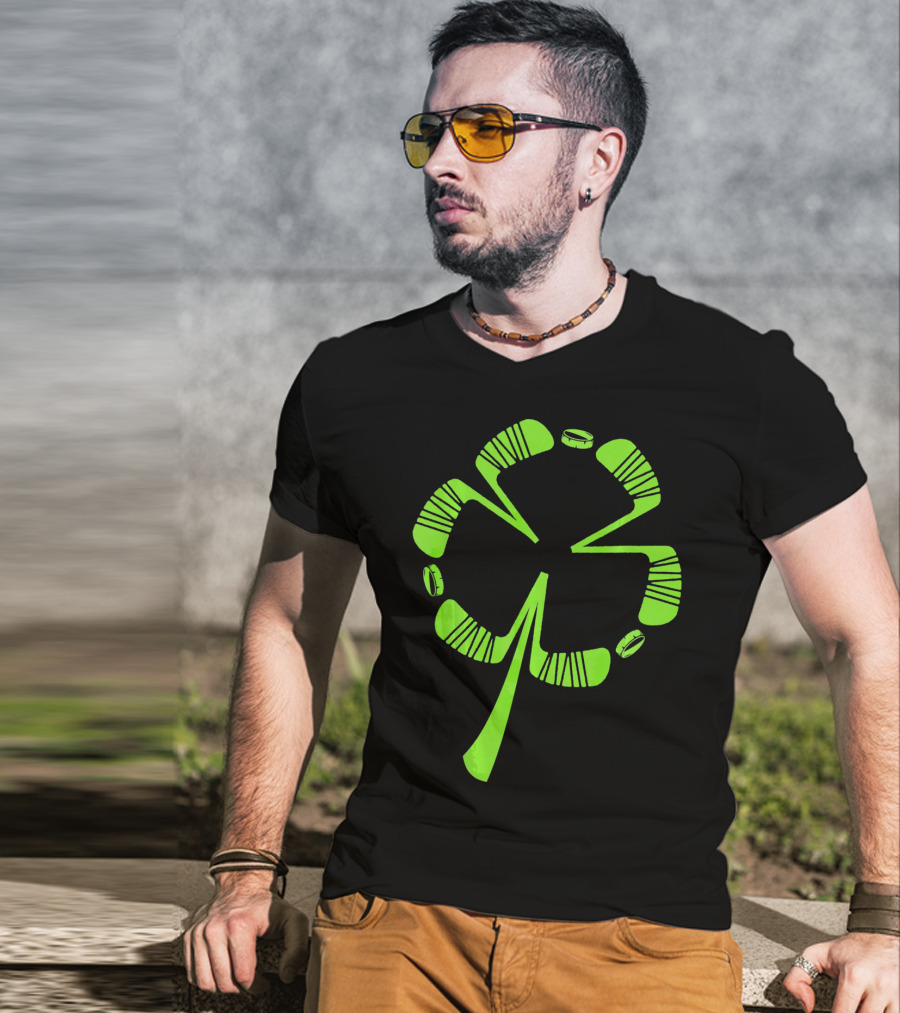 Ice Hockey Shamrock Saint Patrick's Day Hat Stick Puck Clover T-Shirt
