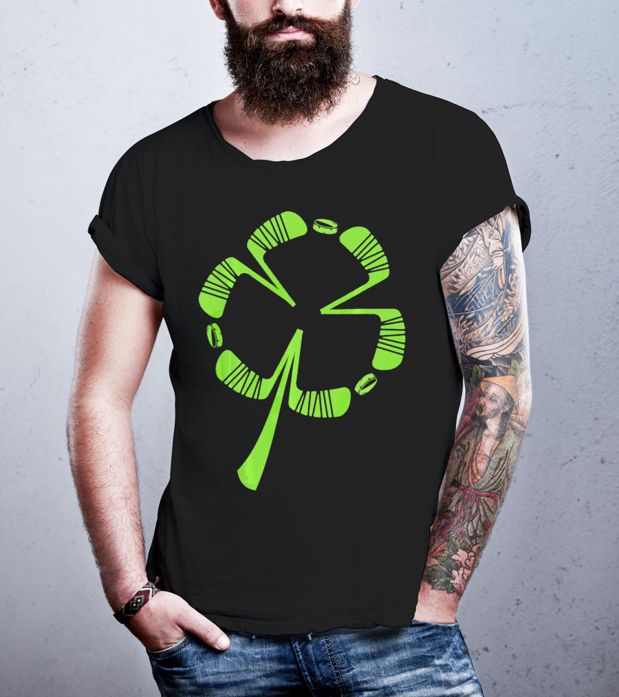 Ice Hockey Shamrock Saint Patrick's Day Hat Stick Puck Clover T-Shirt