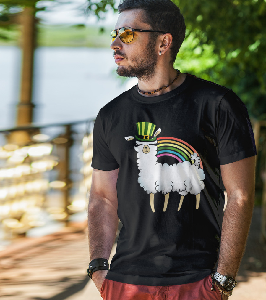 Llama In St Patrick's Day Hat With Rainbow T-Shirt