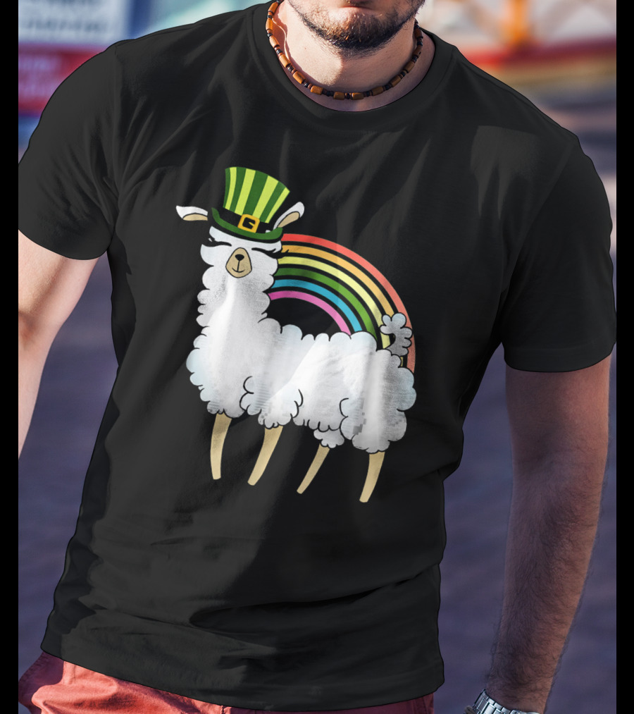 Llama In St Patrick's Day Hat With Rainbow T-Shirt