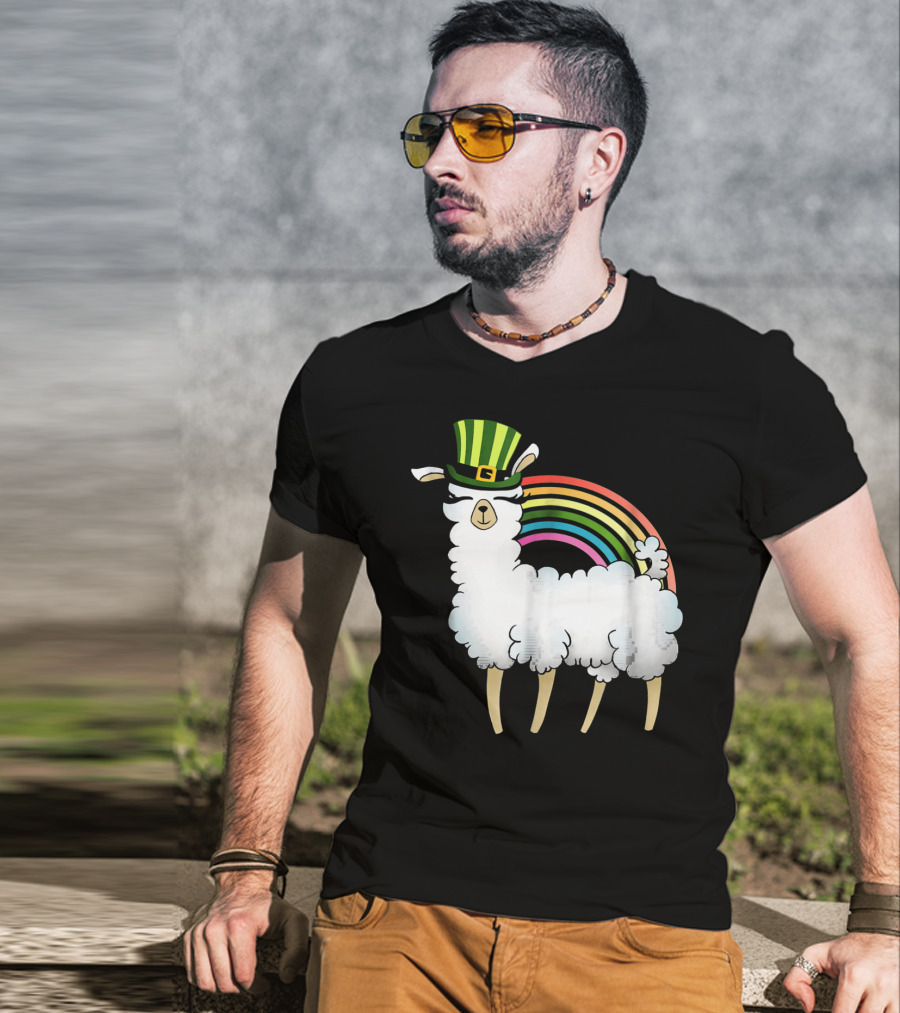 Llama In St Patrick's Day Hat With Rainbow T-Shirt