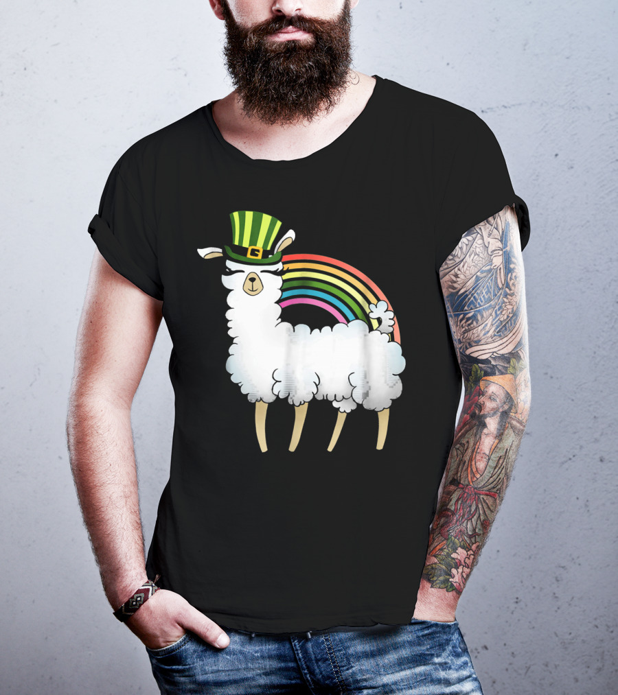 Llama In St Patrick's Day Hat With Rainbow T-Shirt