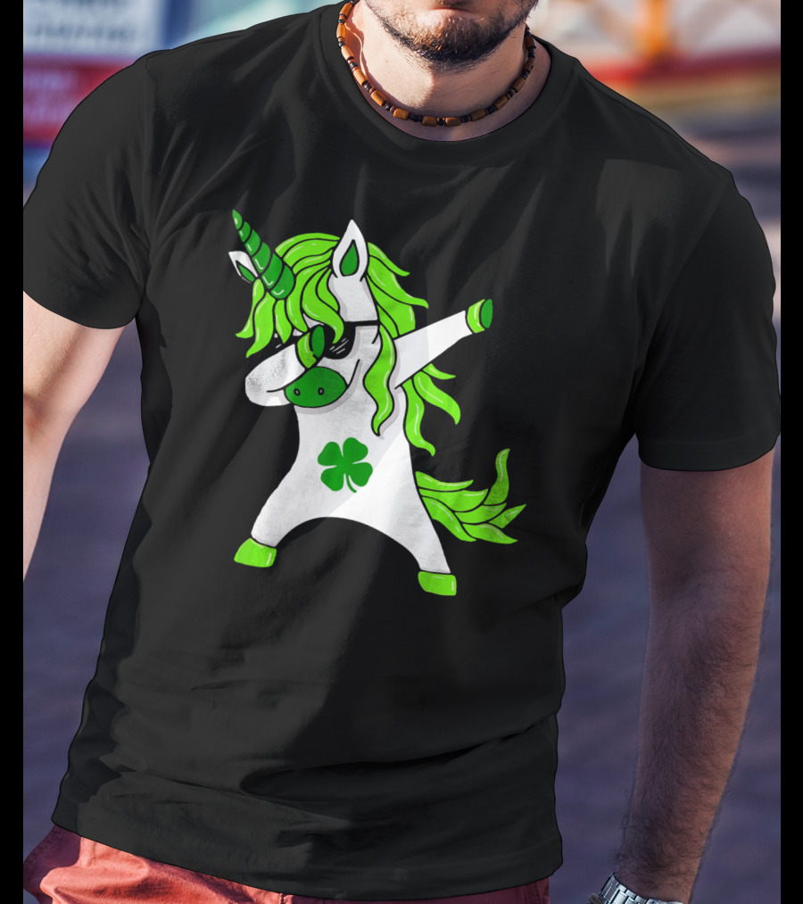 Mens Womens Dabbing Unicorn With Green Shamrock And Hair T-Shirt