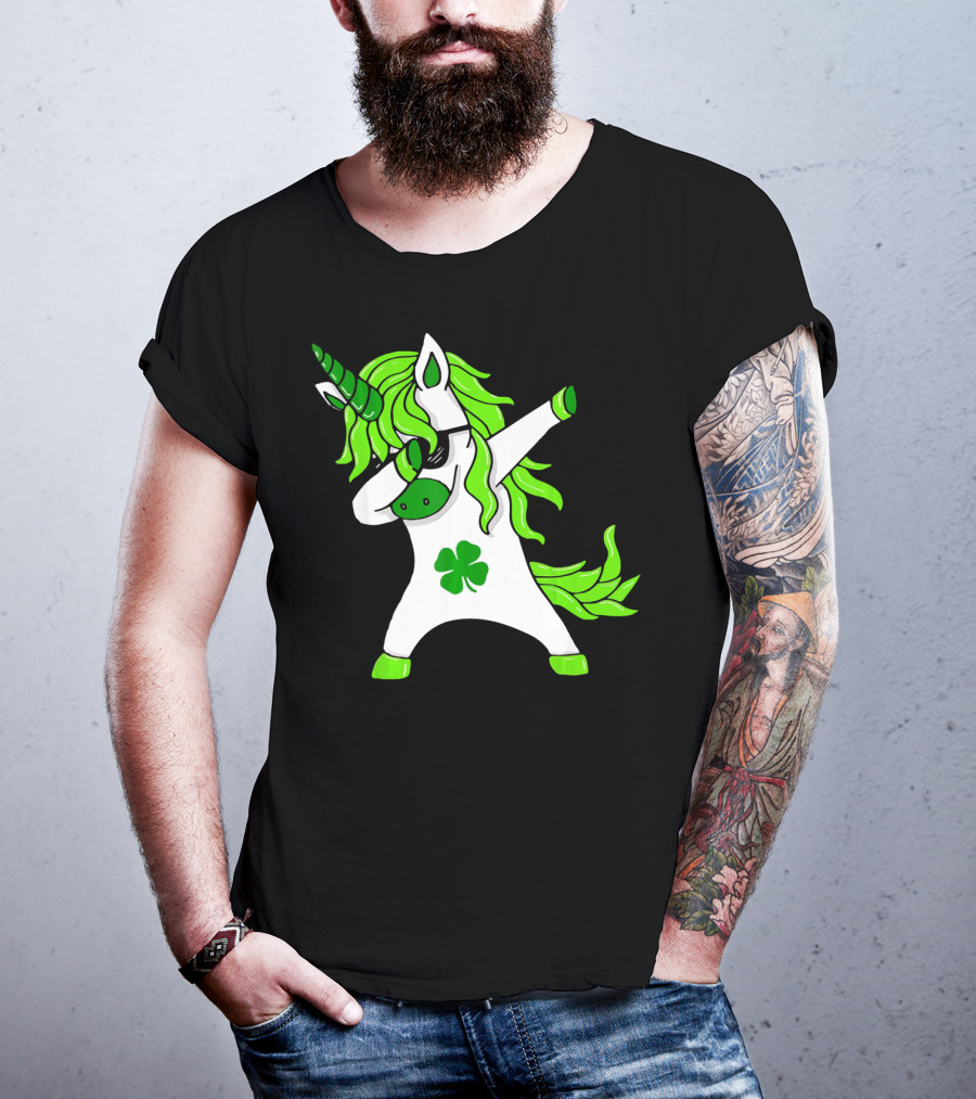 Mens Womens Dabbing Unicorn With Green Shamrock And Hair T-Shirt