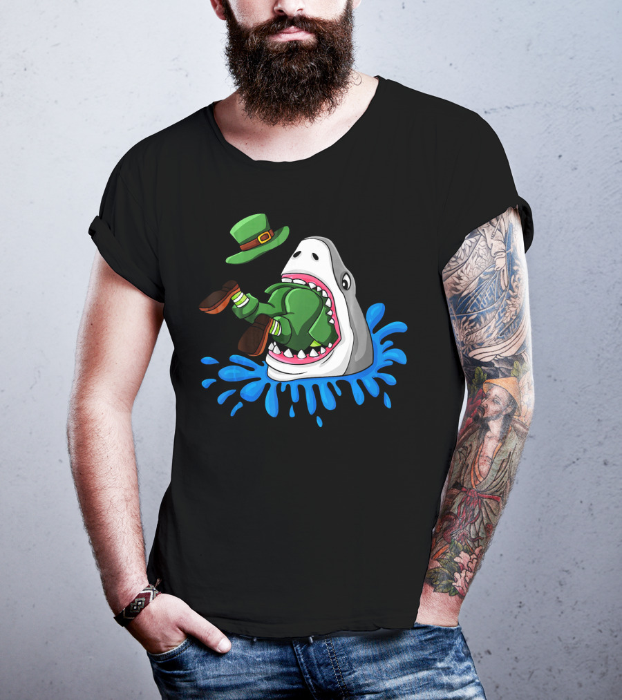 Shark Devours Leprechaun Wearing Green Outfit With Dropped Hat In Water Splash T-Shirt