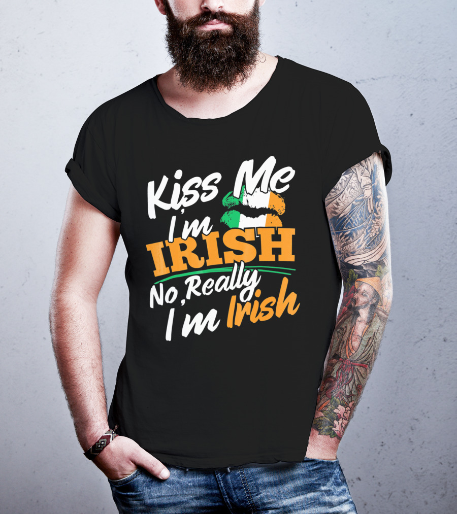 Kiss Me I'm Irish No Really I'm Irish With Irish Flag Lips T-Shirt