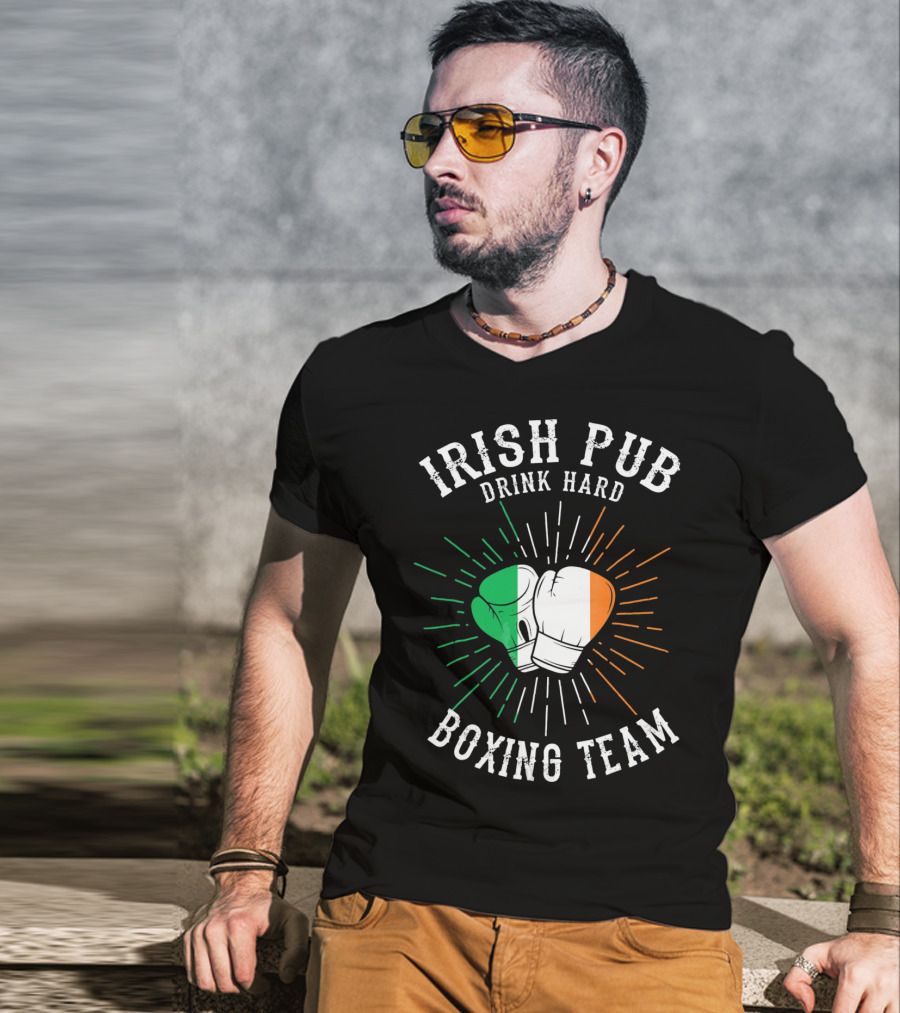 Irish Pub Boxing Team Drink Hard Gloves With Flag T-Shirt