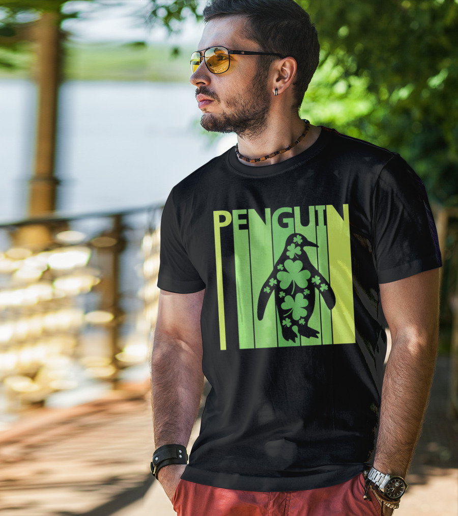 Lucky Penguin St Patricks Day Clover Penguin T-Shirt