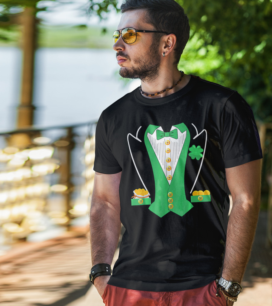 Leprechaun Costume Girl Green Suit Bow Tie Clover Gold Coins T-Shirt