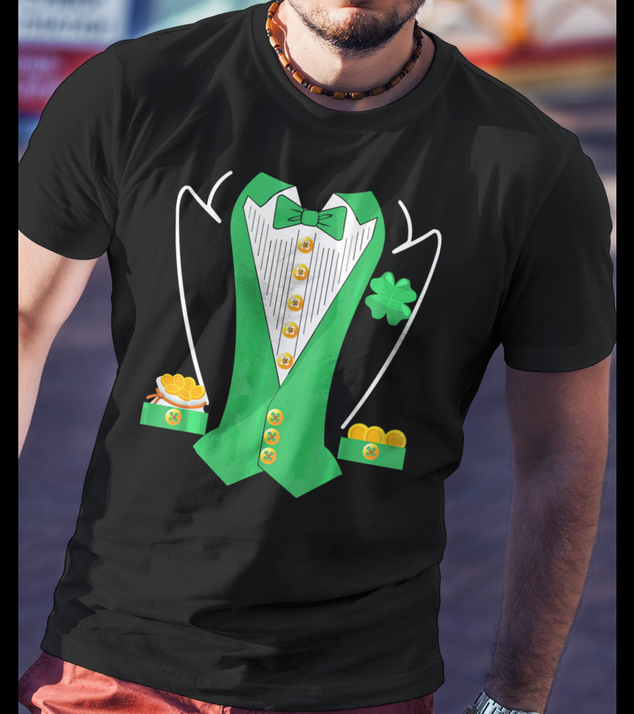 Leprechaun Costume Girl Green Suit Bow Tie Clover Gold Coins T-Shirt