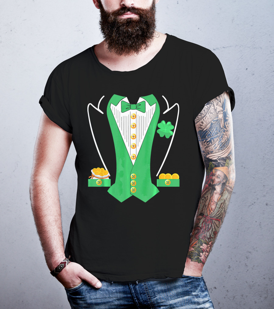 Leprechaun Costume Girl Green Suit Bow Tie Clover Gold Coins T-Shirt
