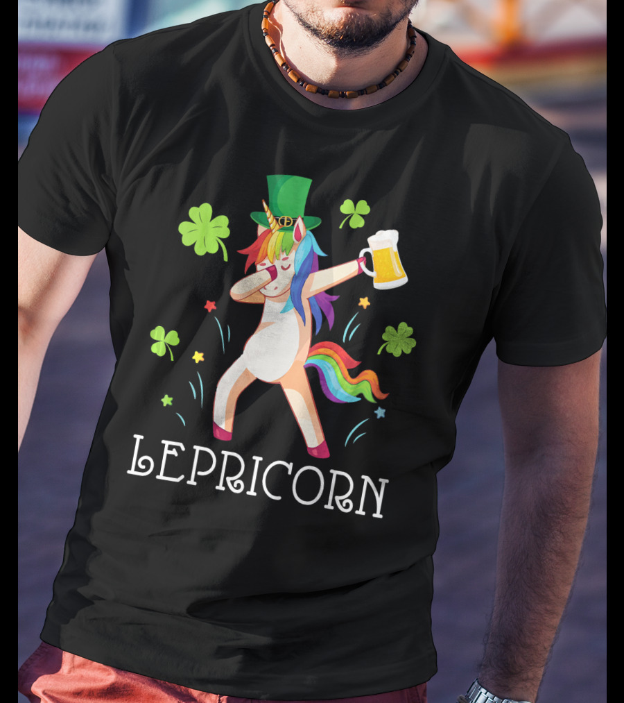 Leprechaun Unicorn Dabbing Drinking Beer With Shamrocks And Rainbow Tail T-Shirt