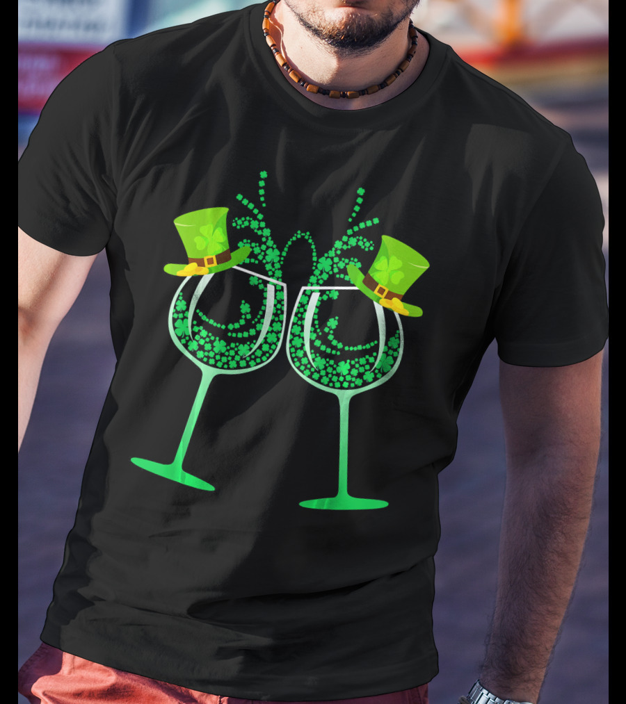 Wine Glass Leprechaun Shamrock Funny Drinking T-Shirt