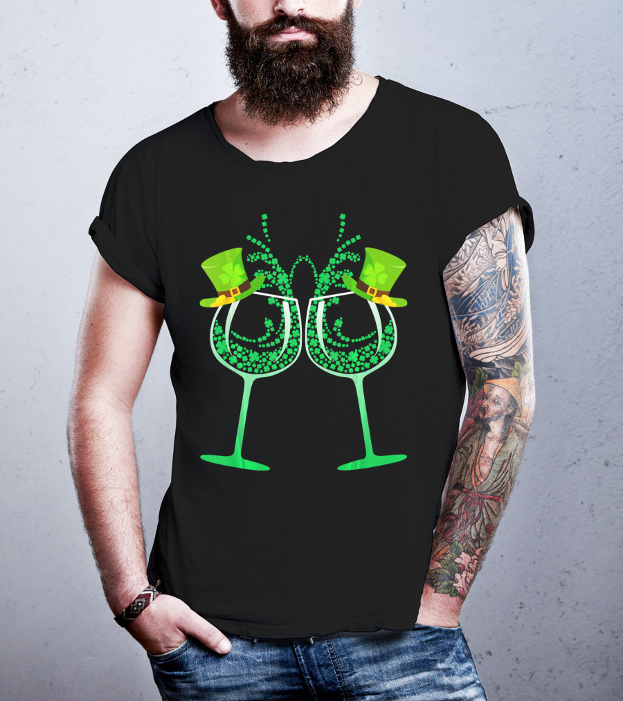 Wine Glass Leprechaun Shamrock Funny Drinking T-Shirt