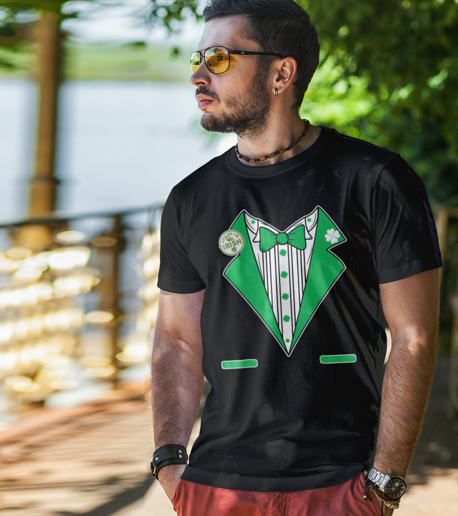 St. Patricks Day Tux Green Kiss Me I'm Irish Bow Tie Four-Leaf Clover T-Shirt