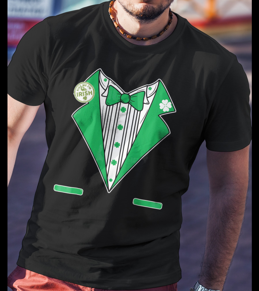 St. Patricks Day Tux Green Kiss Me I'm Irish Bow Tie Four-Leaf Clover T-Shirt