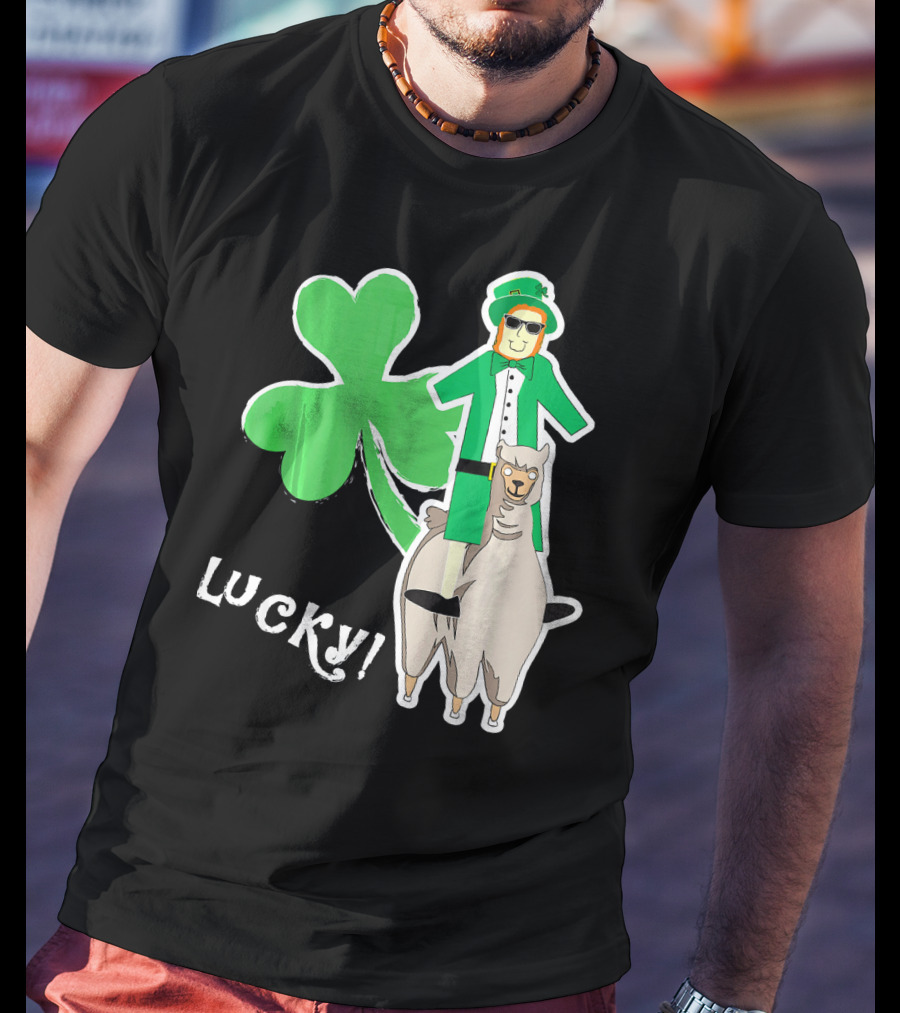 Lucky Leprechaun Riding Llama With Shamrock Irish T-Shirt