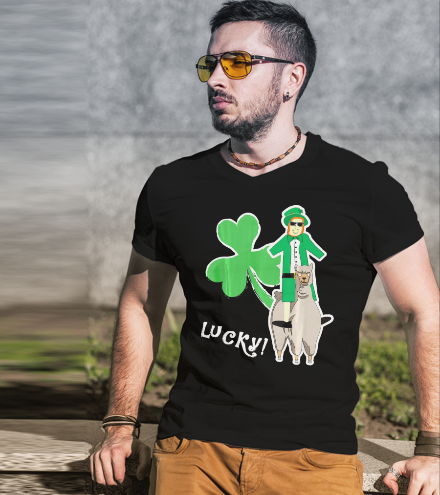 Lucky Leprechaun Riding Llama With Shamrock Irish T-Shirt