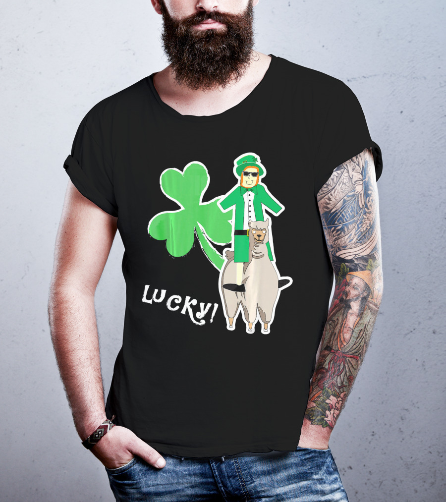 Lucky Leprechaun Riding Llama With Shamrock Irish T-Shirt