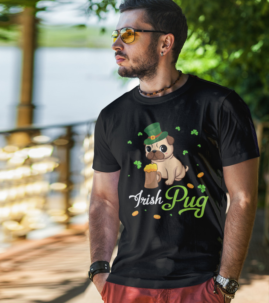 Irish Pug Shamrocks Hat Beer Coins T-Shirt