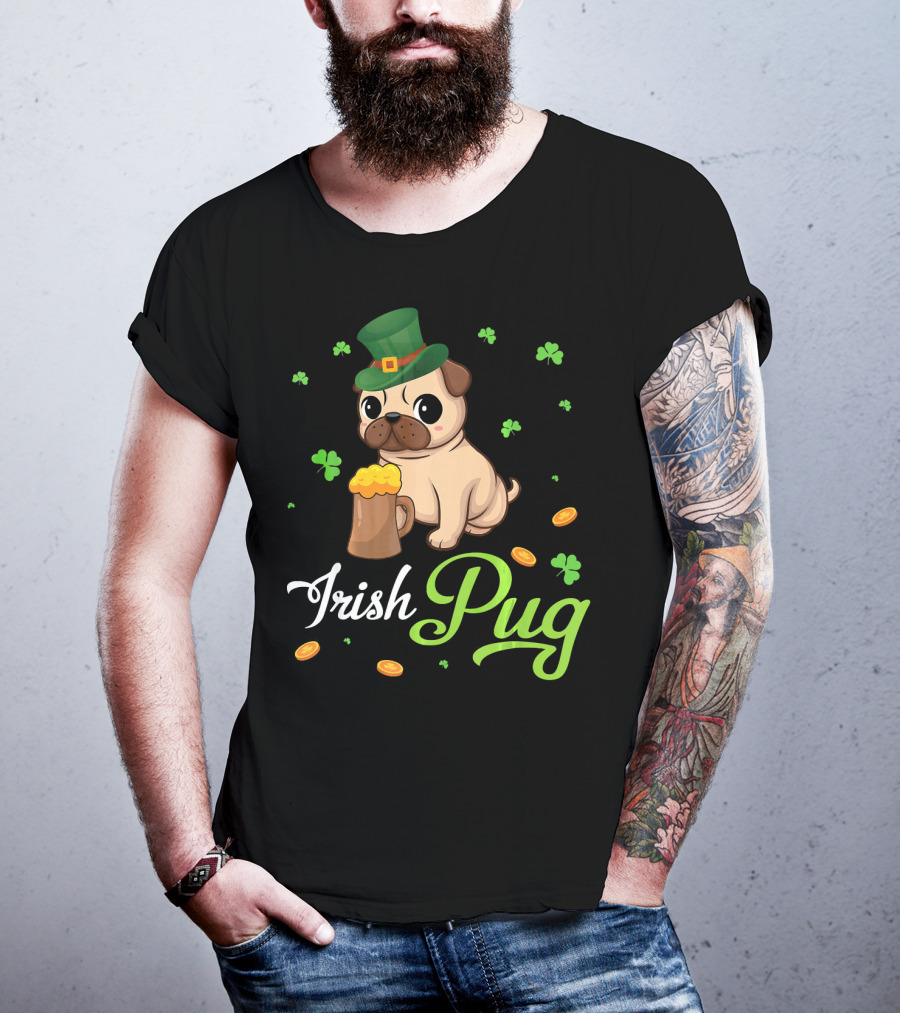 Irish Pug Shamrocks Hat Beer Coins T-Shirt