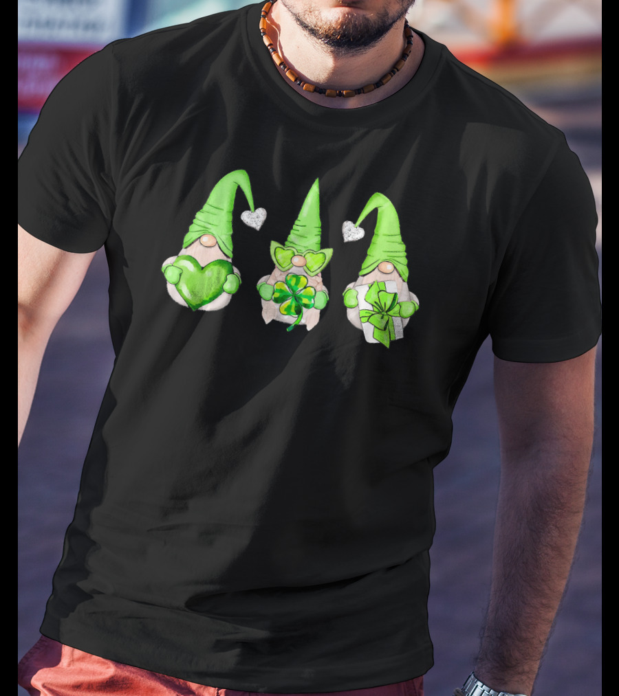 Cool Green Gnomes With Leprechaun Shamrock Hearts And Gifts T-Shirt