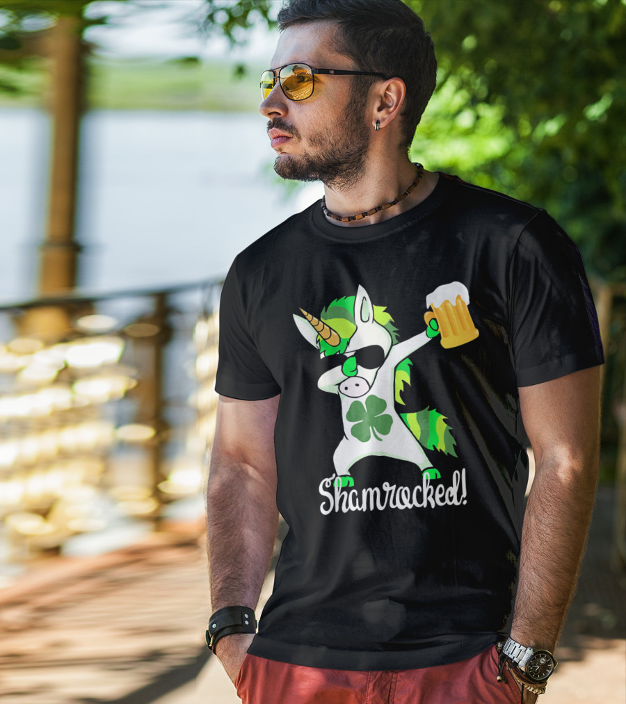 Shamrocked Funny St. Patrick's Day Unicorn With Beer Mug T-Shirt
