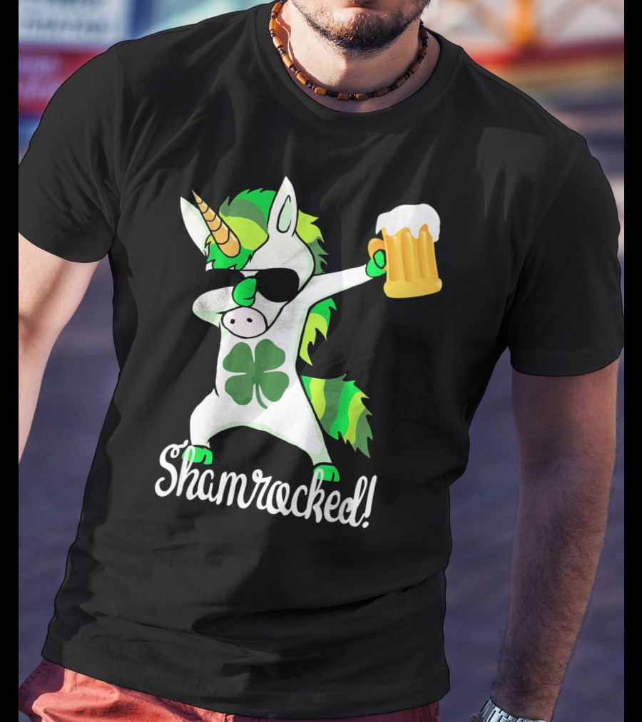 Shamrocked Funny St. Patrick's Day Unicorn With Beer Mug T-Shirt