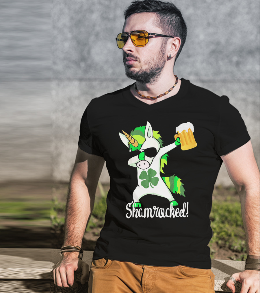 Shamrocked Funny St. Patrick's Day Unicorn With Beer Mug T-Shirt