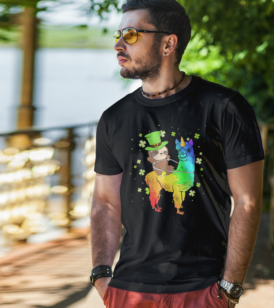 Leprechaun Sloth Riding Rainbow Llama Unicorn St Patrick's Clover T-Shirt