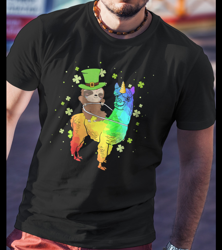 Leprechaun Sloth Riding Rainbow Llama Unicorn St Patrick's Clover T-Shirt