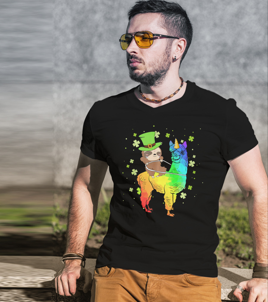 Leprechaun Sloth Riding Rainbow Llama Unicorn St Patrick's Clover T-Shirt