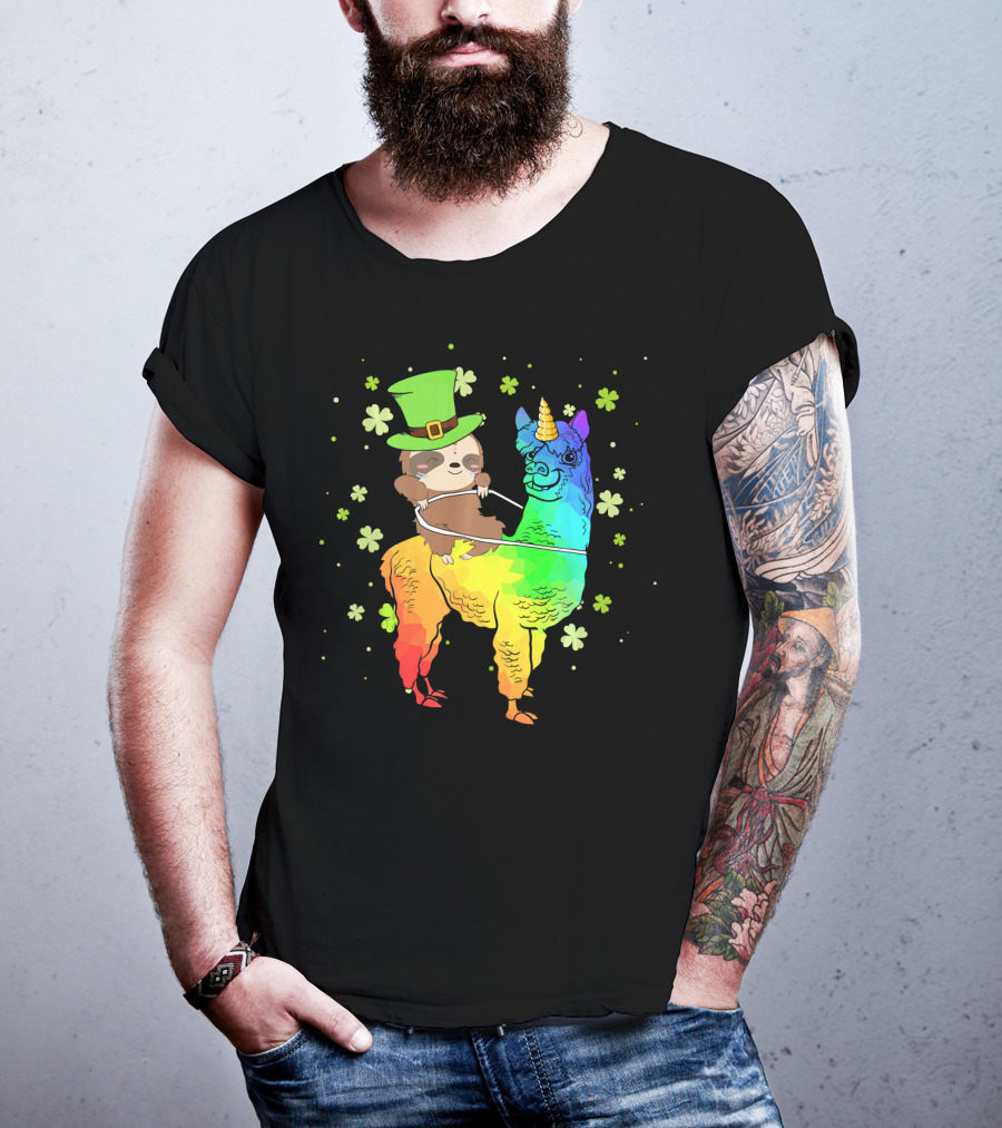 Leprechaun Sloth Riding Rainbow Llama Unicorn St Patrick's Clover T-Shirt