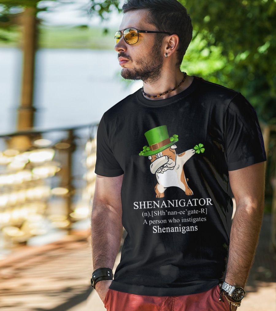 Shenanigator Dabbing Bulldog Instigates Shenanigans With Shamrock Hat T-Shirt