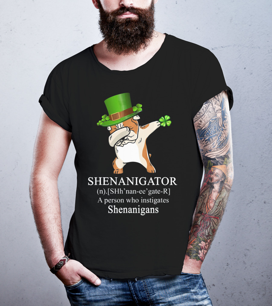 Shenanigator Dabbing Bulldog Instigates Shenanigans With Shamrock Hat T-Shirt
