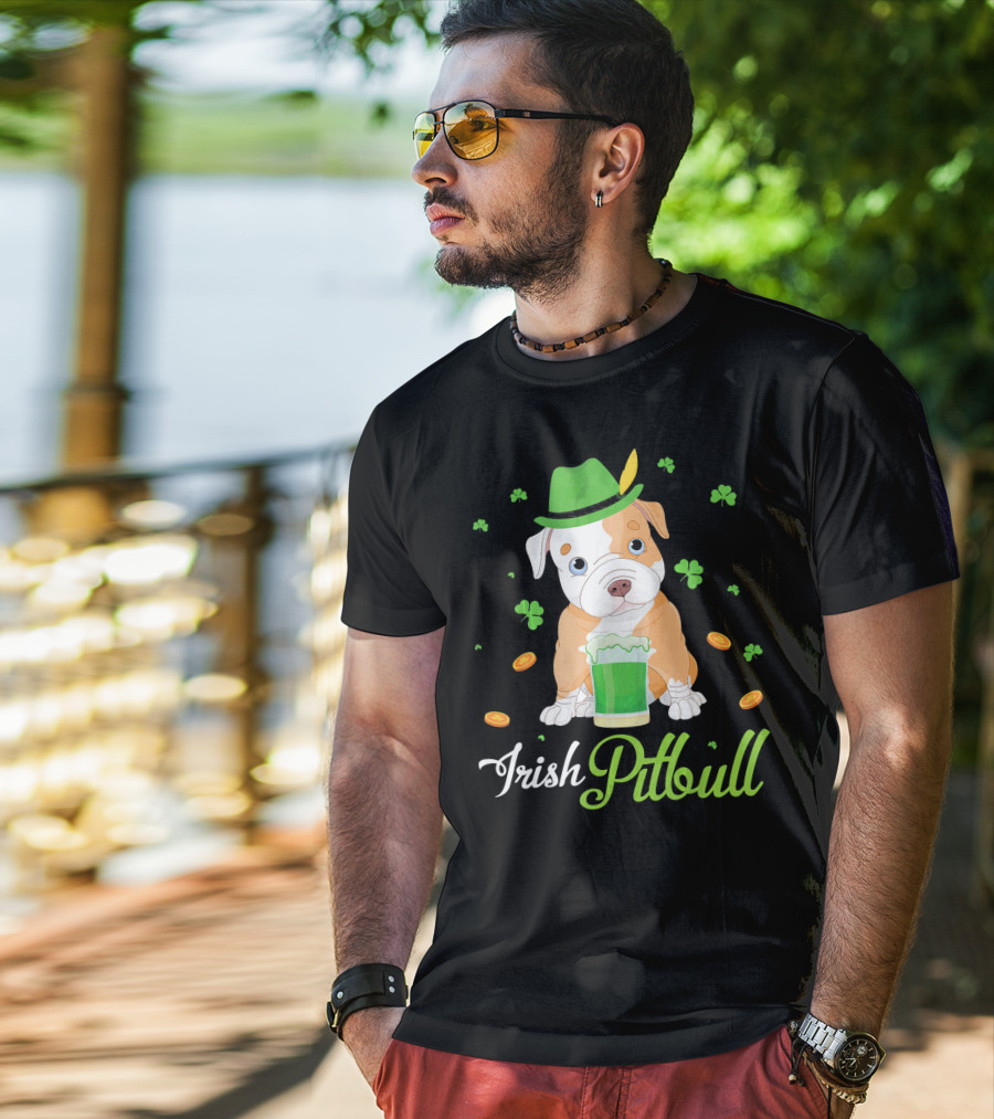 Irish Pitbull Shamrock Hat Beer Coins T-Shirt