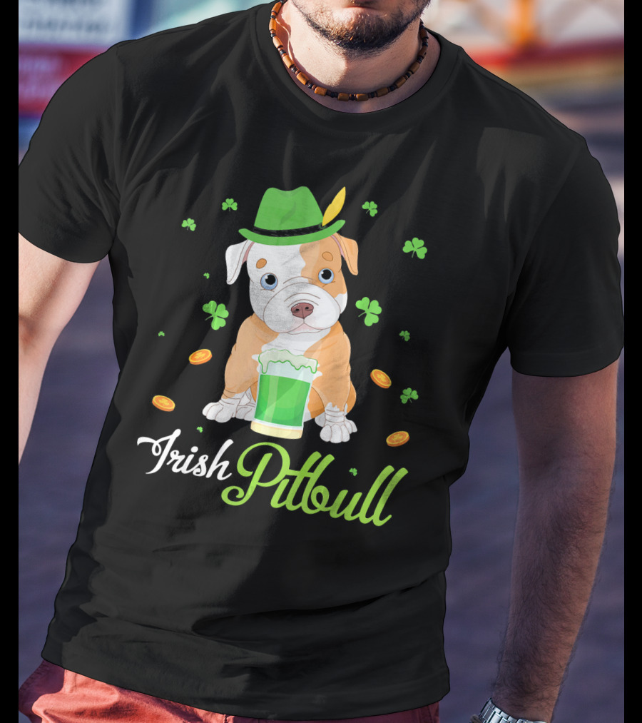 Irish Pitbull Shamrock Hat Beer Coins T-Shirt