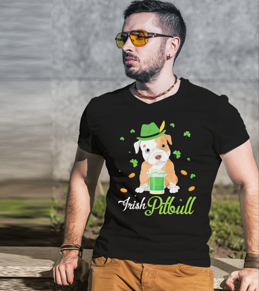 Irish Pitbull Shamrock Hat Beer Coins T-Shirt