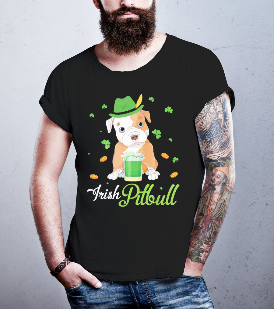 Irish Pitbull Shamrock Hat Beer Coins T-Shirt