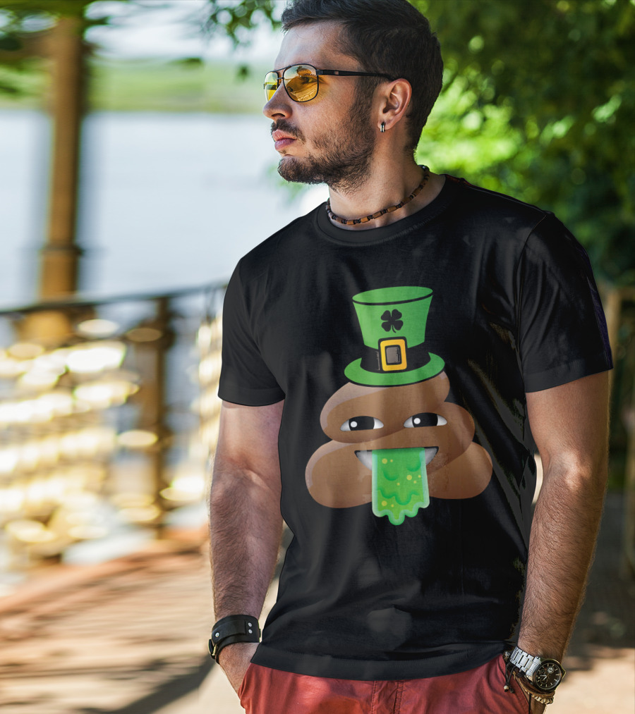 St Patricks Day Funny Leprechaun Poop Emoji Hat And Green Slime Tongue T-Shirt