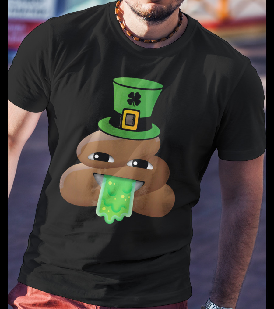 St Patricks Day Funny Leprechaun Poop Emoji Hat And Green Slime Tongue T-Shirt