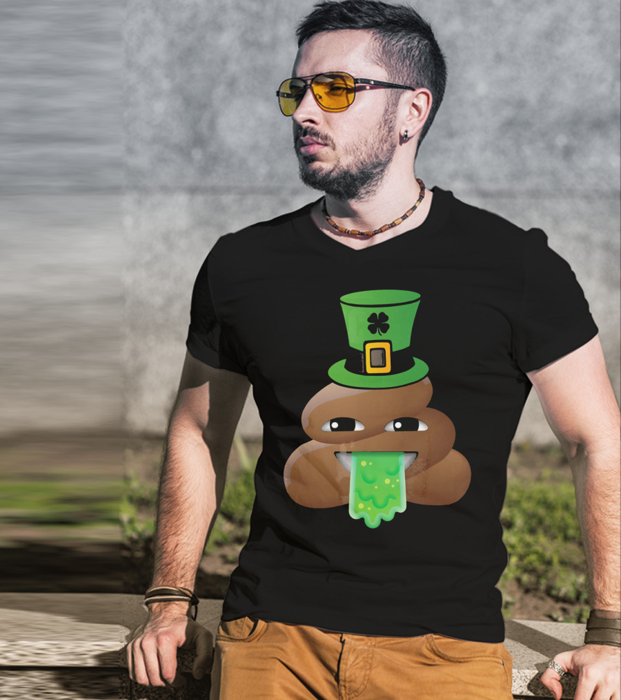 St Patricks Day Funny Leprechaun Poop Emoji Hat And Green Slime Tongue T-Shirt