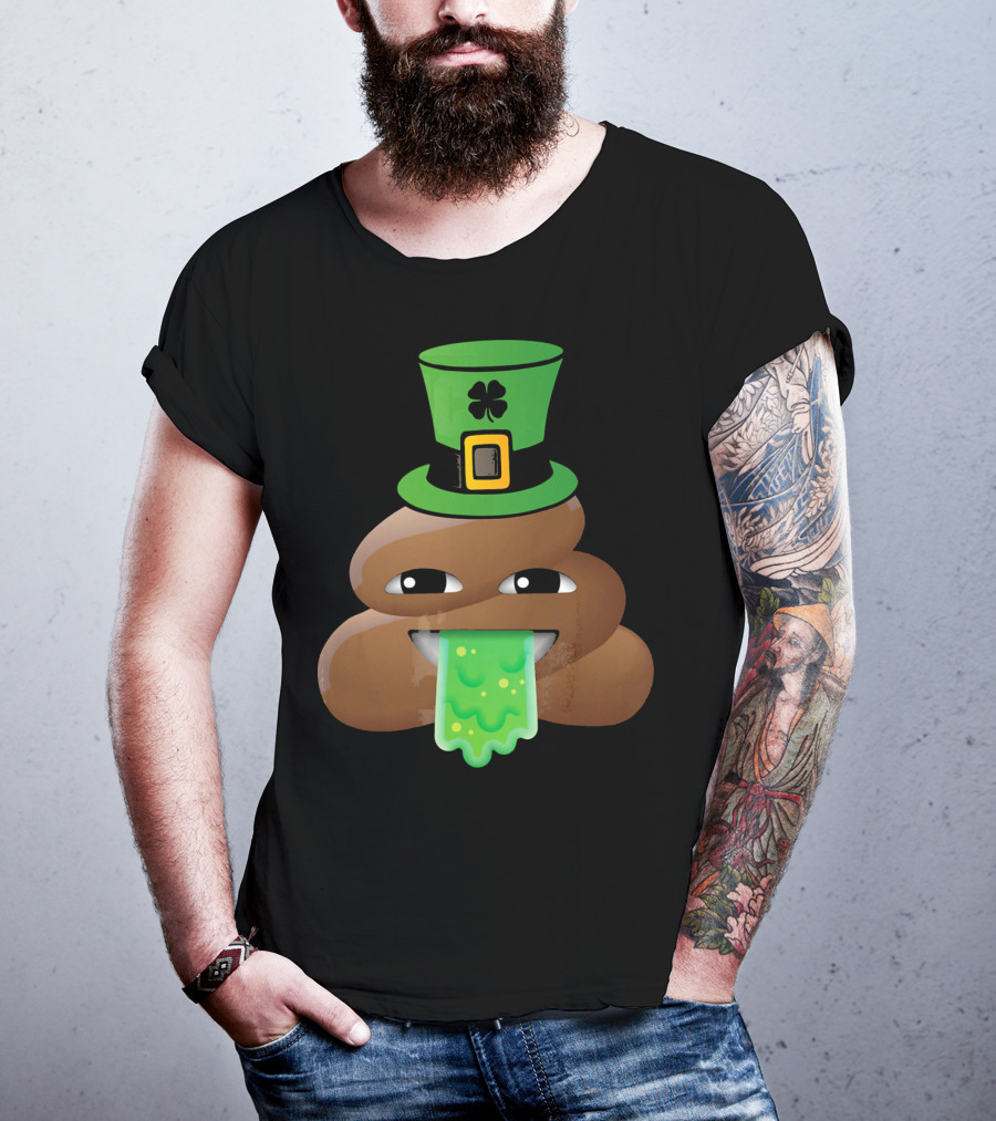 St Patricks Day Funny Leprechaun Poop Emoji Hat And Green Slime Tongue T-Shirt