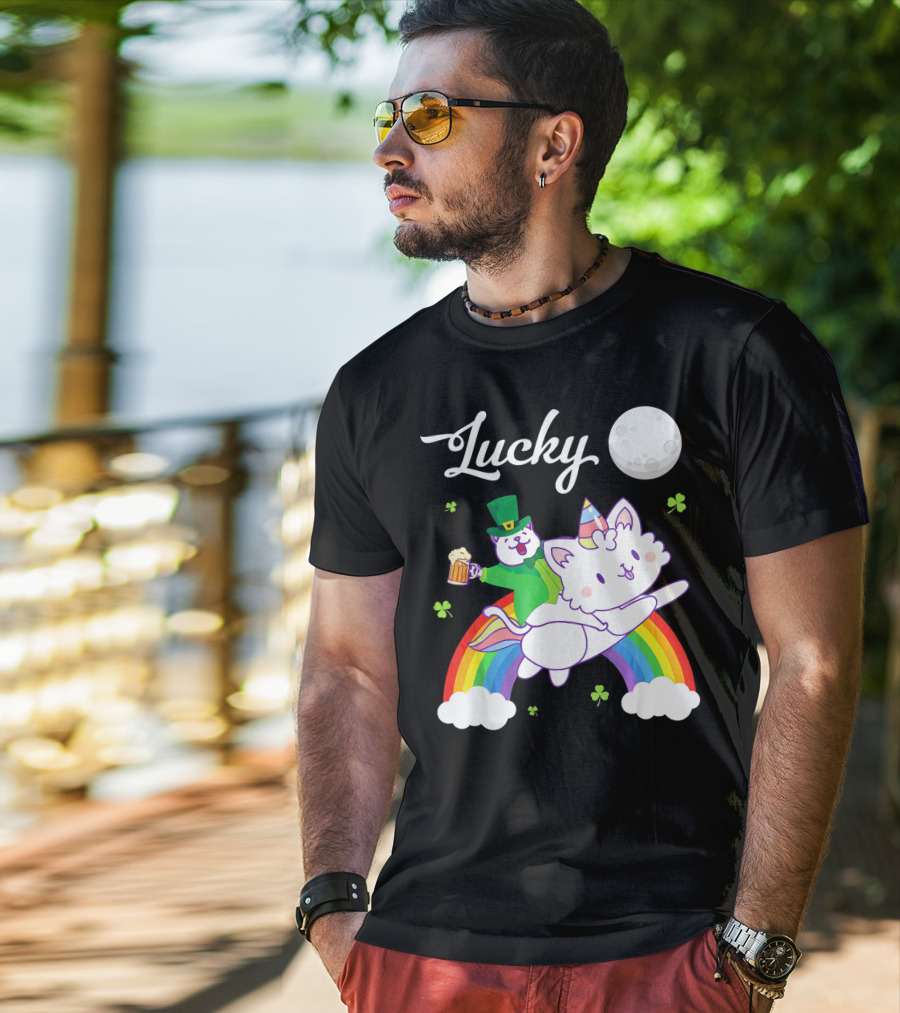 Lucky Leprechaun Cat Riding Unicorn Cat Over Rainbow With Beer And Moon T-Shirt
