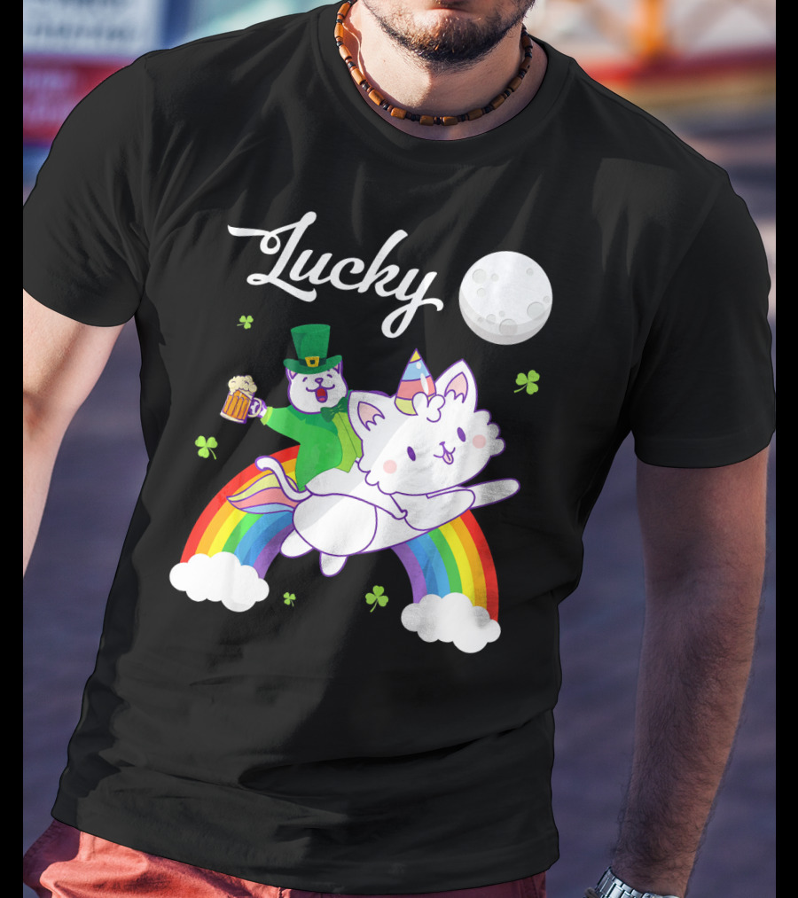 Lucky Leprechaun Cat Riding Unicorn Cat Over Rainbow With Beer And Moon T-Shirt